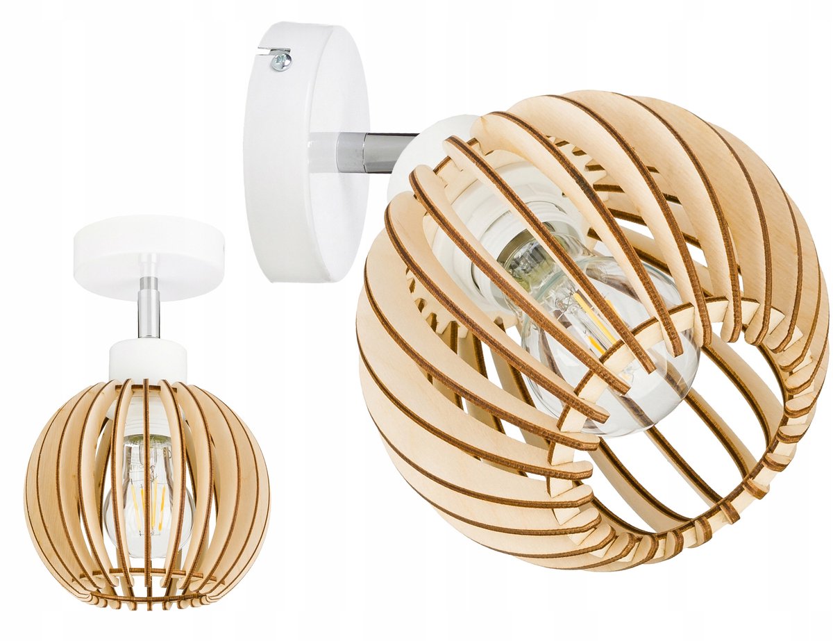 Kinkiet Loft Houten Bol E27 Verstelbaar Wandlamp
