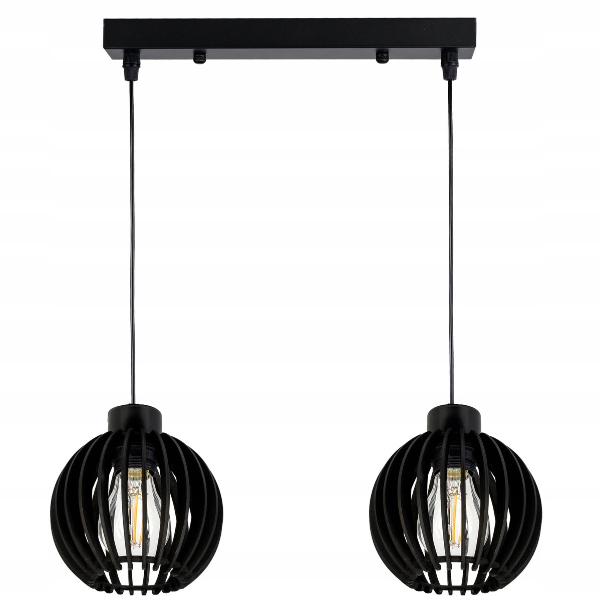Zwarte hanglamp met houten kappen, E27, 2 lichtpunten, loftstijl