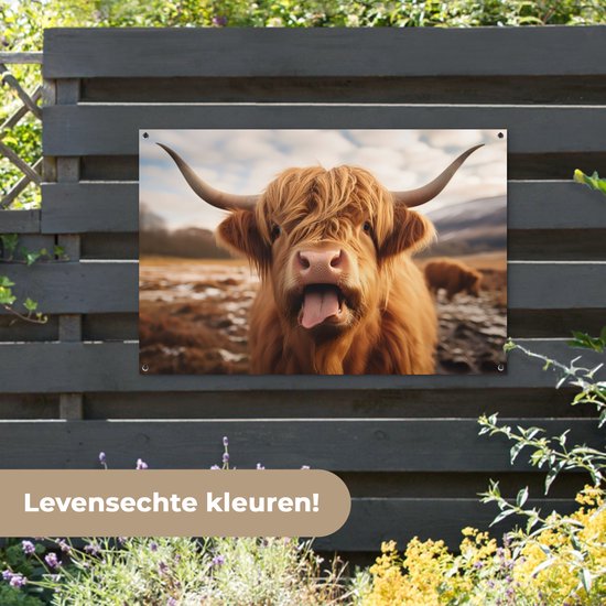 Affiche de jardin 120x80 cm - Décoration de jardin Highlander écossais - Langue - Cornes - Affiche pour le jardin - Décoration extérieure - Peinture murale de clôture - Toile de jardin décoration murale - Décoration murale toile de balcon