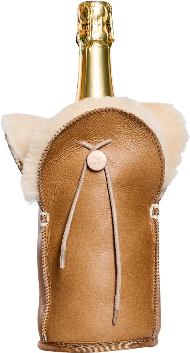 Kywie® champagnekoeler van schapenvacht – wijnkoeler - 100% natuurlijk – 0,75l – temperatuurbehoudend - vlekbestendig - geschikt voor champagne, wijn, bourgogne, waterflessen - Camel Napa