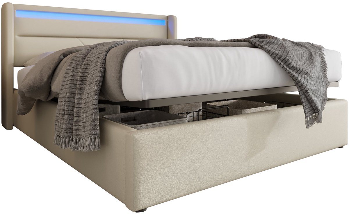Merax Gestoffeerd Tweepersoonsbed 160x200 cm met LED-Verlichting en Hydraulische Opbergruimte - Luxe Bed - Wit