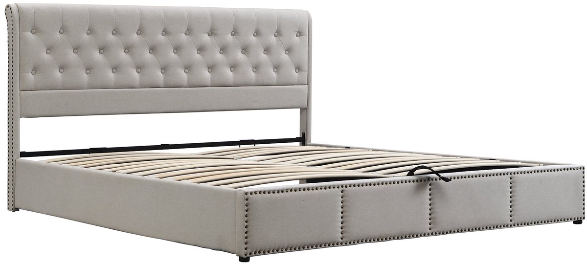 Merax Linnen Bekleed Bed met Hydraulische Lift, Bedbox Opbergruimte en Decoratieve Nagels - 180 x 200 cm - Zonder Matras - Lichtgrijs