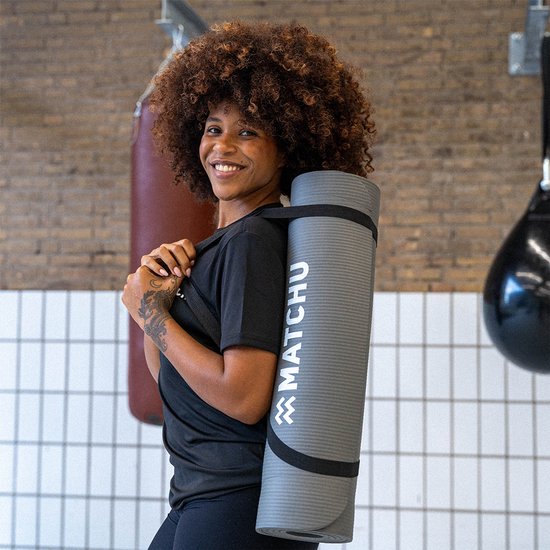 Matchu Sports - Fitness mat - Yogamat - Sportmat - Fitnessmat - Met draagkoord - 180 cm x 60 cm x 0,9 cm - Grijs - NBR