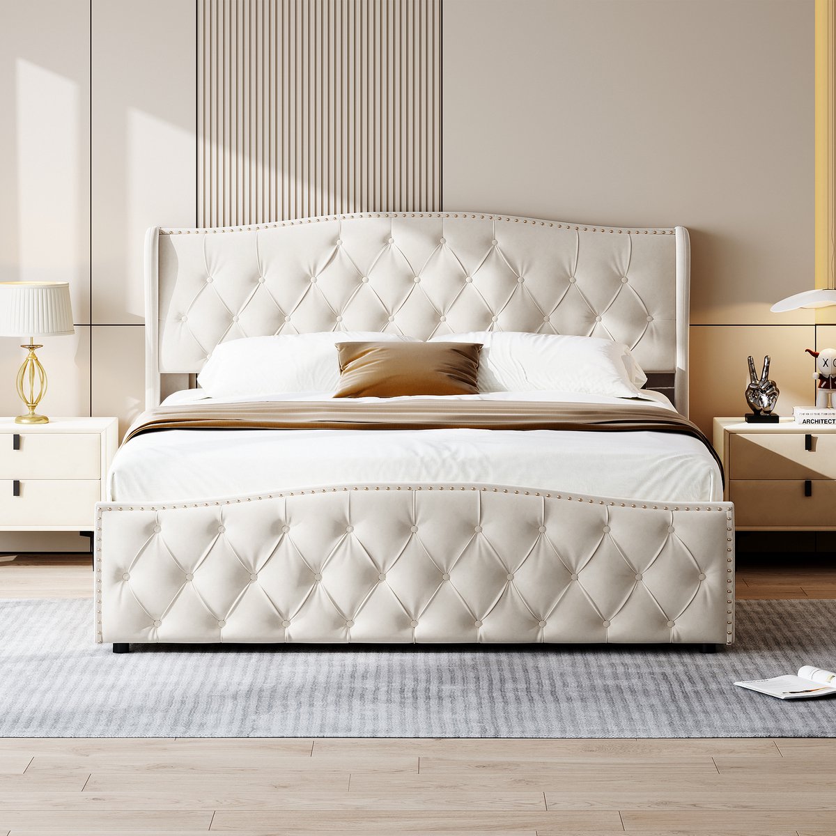 Gestoffeerd bed 160x200 cm - tweepersoonsbed/volwassen bed/luchtbed - bedframe met opbergruimte - flanel - beige (verzonden in 2 pakketten)