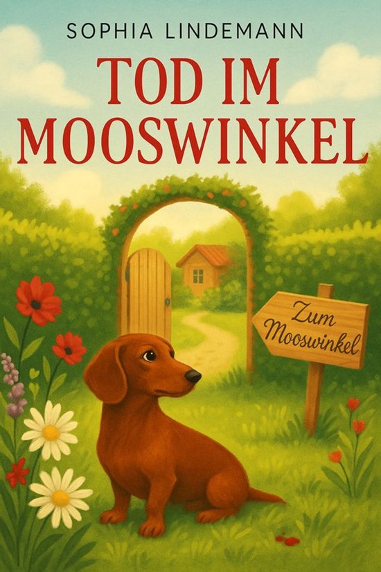Couverture de livre avec un teckel brun, des fleurs, une arche et une maison. Texte : SOPHIA LINDEMANN TOD IM MOOSWINKEL Zum Mooswinkel.