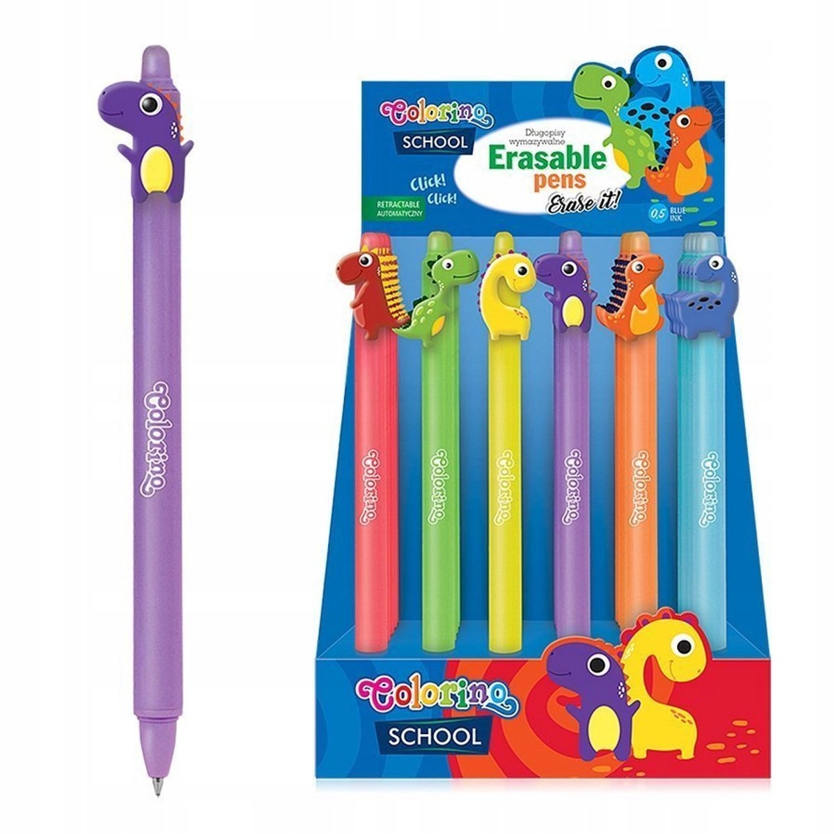 Colorino School Dino Uitwisbare Pen - Blauwe inkt, 0,5 mm