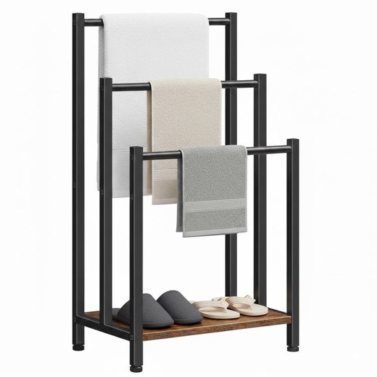 Porte-serviettes sur pied Lomera - Zwart mat - 3 bras - Métal et MDF - Pieds réglables - Salle de bain et Cuisine - Conception robuste - Convient à tous types de Handdoeken - Porte-serviettes - Barre porte-serviettes