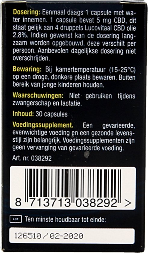 Achterkant verpakking met dosering, bewaring, waarschuwing en houdbaarheidsdatum. Lotnummer.