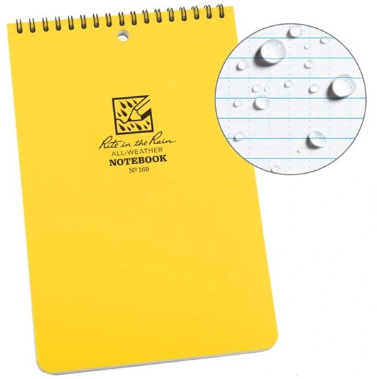 Geel 'Rite in the Rain' all-weather notitieboek, met logo en vergrootglas met waterdruppels.