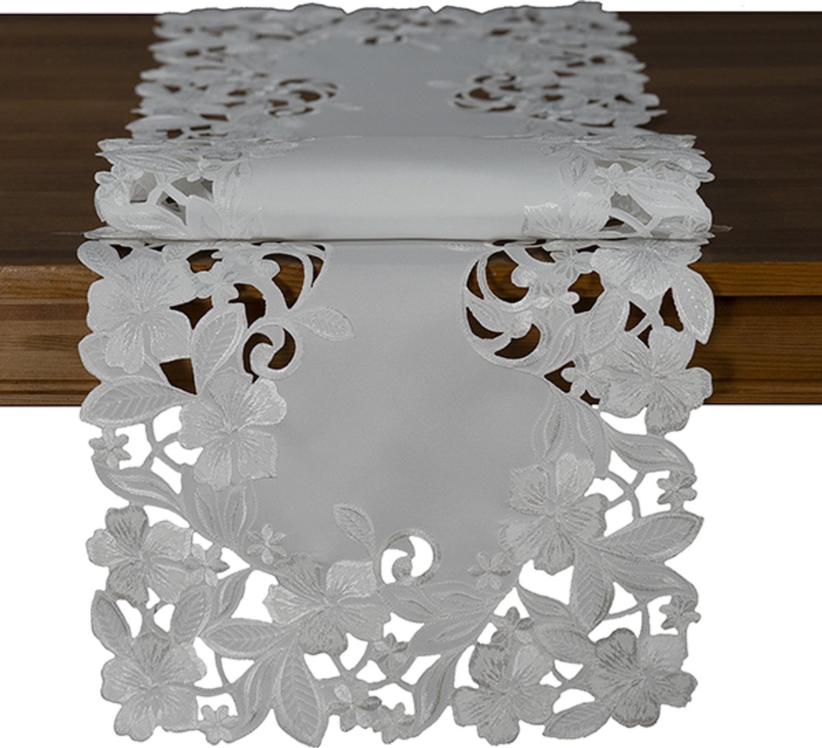 Tafelloper -Champagne met geborduurde bloemen - 40 x 140 cm