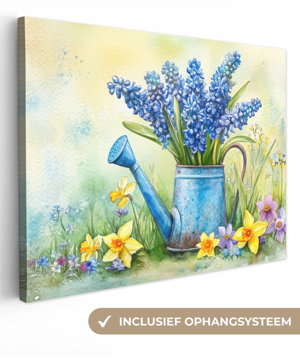 Canvas schilderij 120x90 cm - Exclusieve wanddecoratie Gieter - Lavendel - Bloesems - Muur