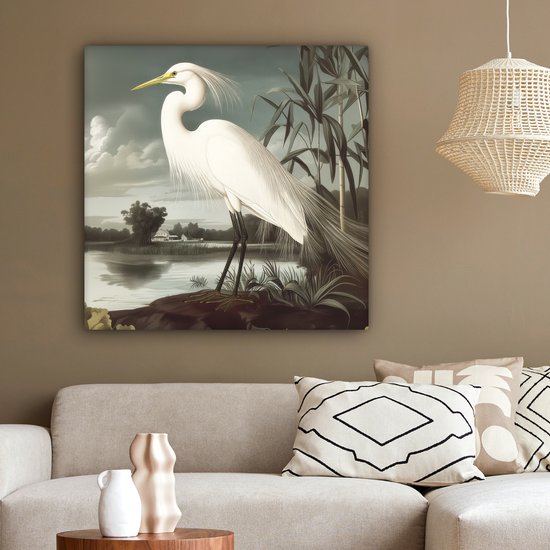 Tableau sur toile 90x90 cm - Décoration murale Héron - Plantes - Nuages ​​- Wit - Décoration murale salon - Décoration chambre - Accessoires chambre - Peintures sur toile