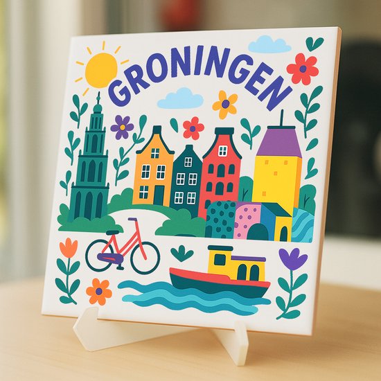 Carreau de Groningue - 15 x 15 cm - Céramique - Souvenir décoratif - Avec support/chevalet transparent - Cadeau - Carreaux avec texte