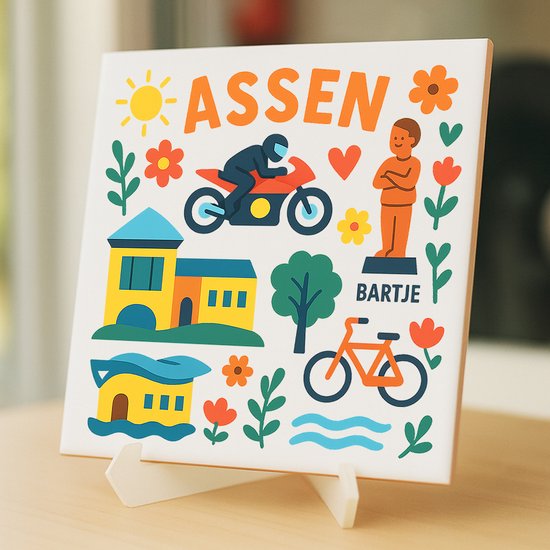 Carreau Assen - 15×15 cm - Céramique - Souvenir décoratif - Avec support/chevalet transparent - Cadeau - Carreaux avec texte