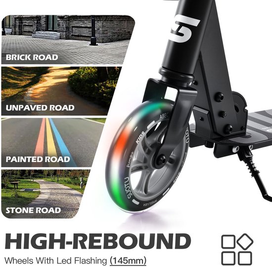 Suotu Kinderstep - 145mm Lichtgevende Wielen - Step - Speelgoed Jongens/Meisjes - Max stuurhoogte: 85 cm - Aluminium - Zwart