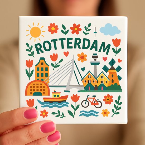 Carreau Rotterdam - 15 x 15 cm - Céramique - Souvenir décoratif - Avec support/chevalet transparent - Cadeau - Carreaux avec texte