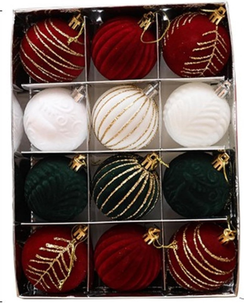 Lot De 12 Boules De Noël En Velours 80 Mm | Couleurs Vert, Marron, Rouge Neutre - Décorations Sapin Réutilisables