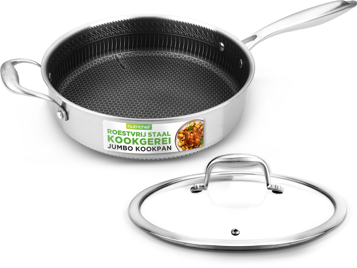 NutriChef Sauteerpan met Deksel – 3,5L Diepe Pan - Roestvrijstalen Anti-aanbakpan, Krasbestendige Honingraat, Oven- en Inductiegeschikt