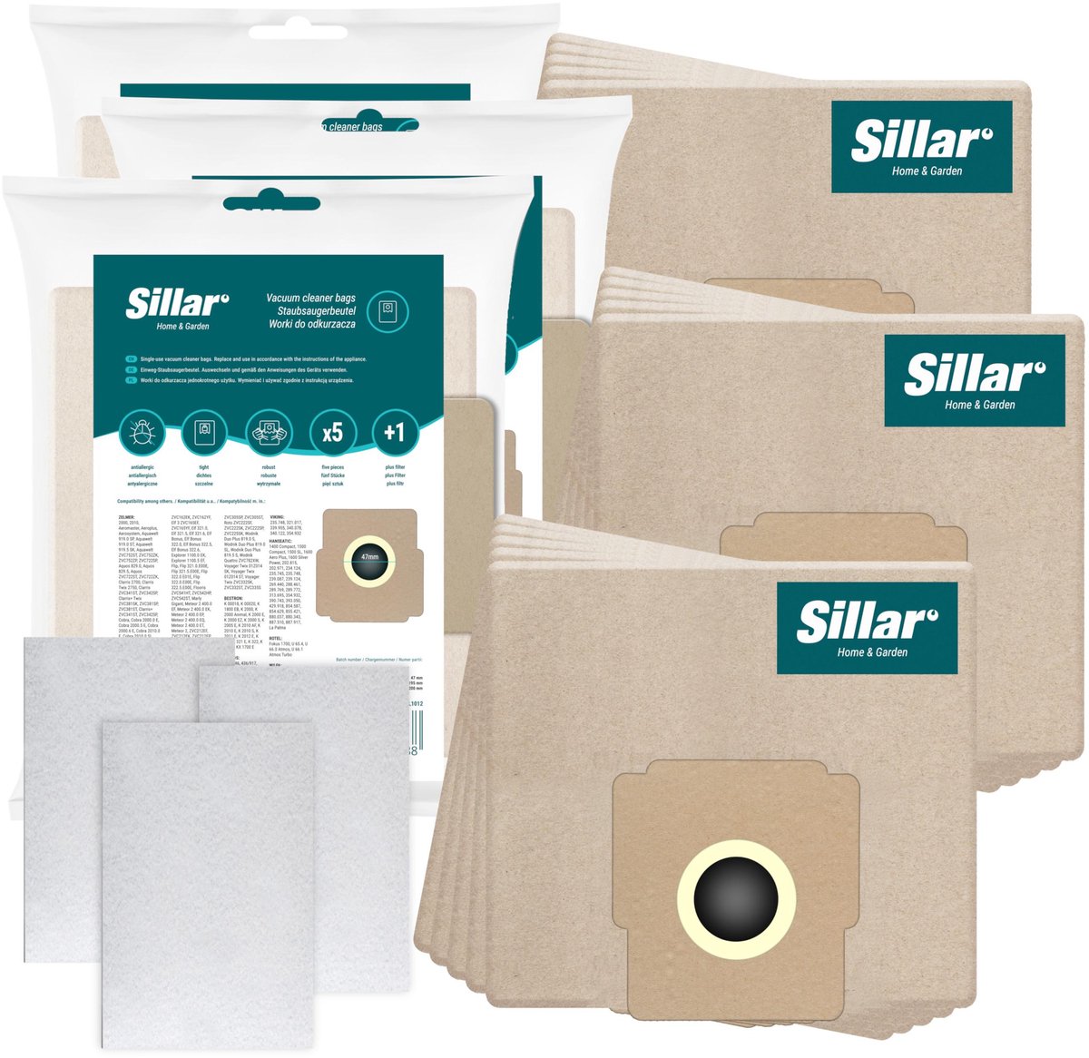Sillar, Set stofzuigerzakken, papier 15 stuks + 3 x inlaatfilters, 2 filterlagen, vervangingsonderdeel, geschikt voor stofzuigers Zelmer Elf Cobra Meteor Odyssey