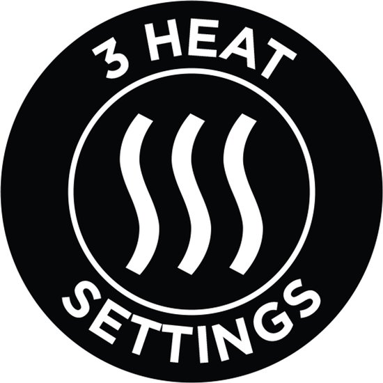 Pictogram met de tekst '3 HEAT SETTINGS' en drie golvende lijnen die warmte symboliseren.