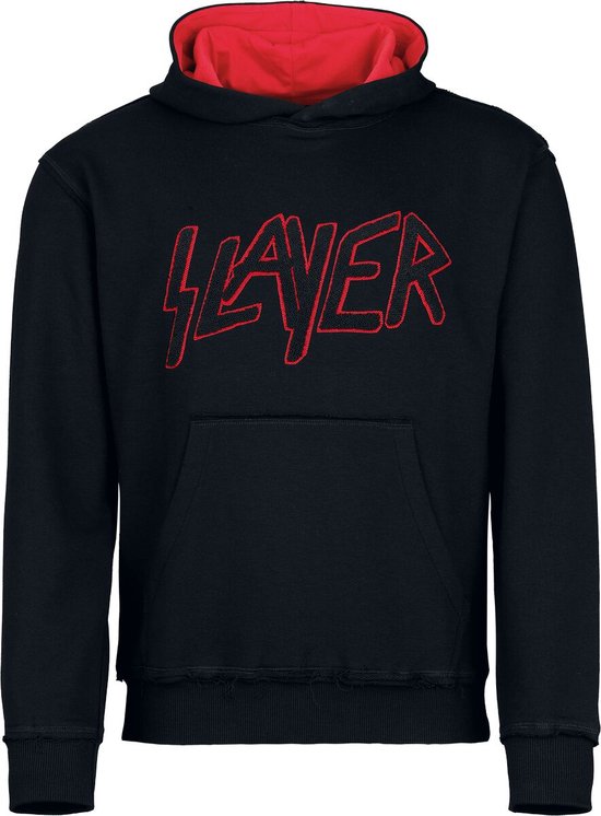 Sweat à capuche noir avec doublure de capuche rouge et logo 'Slayer' sur le devant.