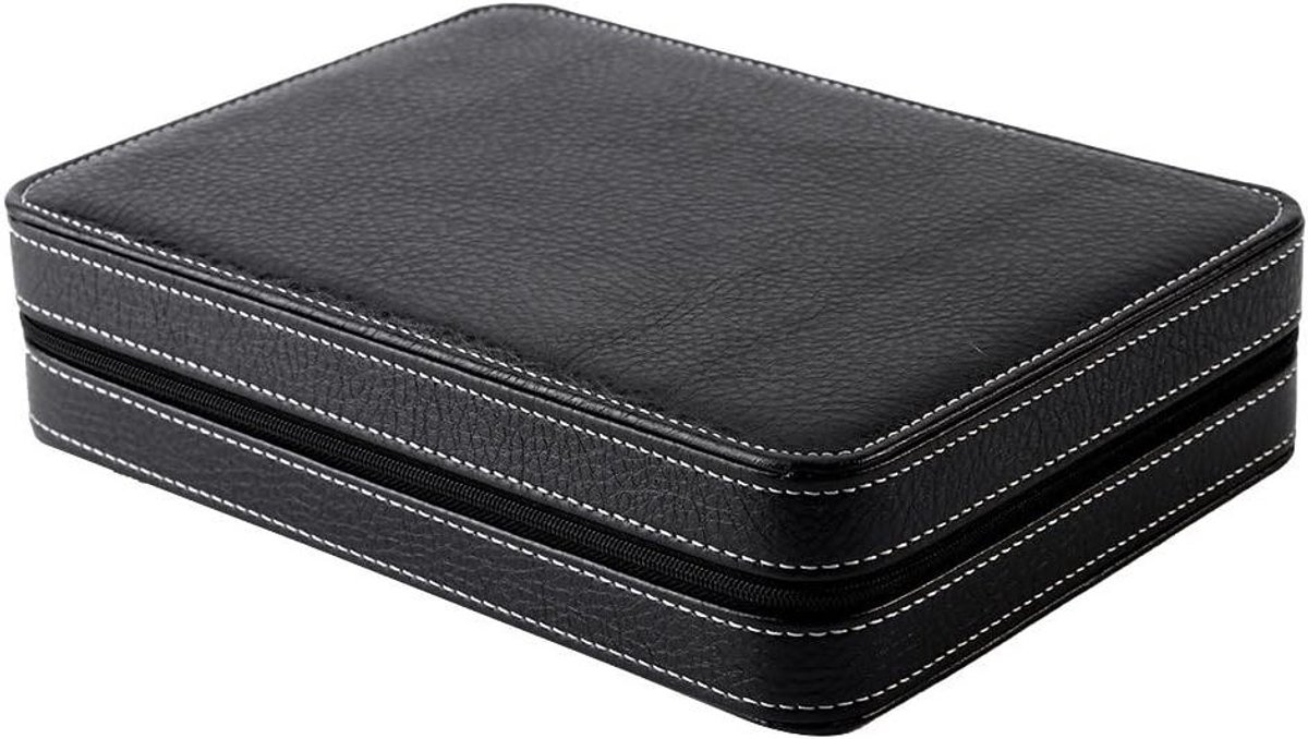 Allecto plus - Opbergdoos voor 8 Horloges van Karton en Kunstleer - Draagbare Organizer voor Horloges - Zwarte Reisetui met Ritssluiting