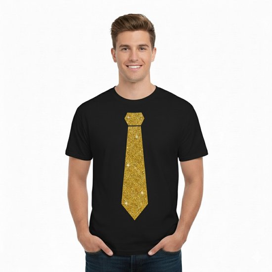 T-shirt imprimé cravate dorée pour homme - noir - chemises de fête - paillettes - glamour XXL