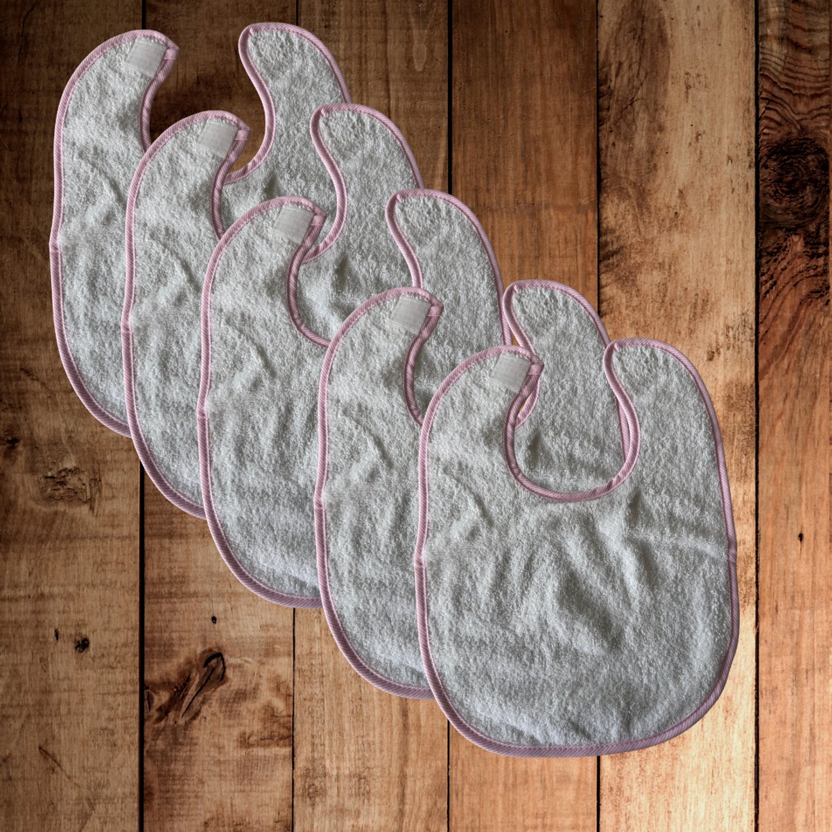 Image of 5 pack slabbetjes wit met een licht roze rand - 100% katoen en klittenband sluiting - slab wit roze
