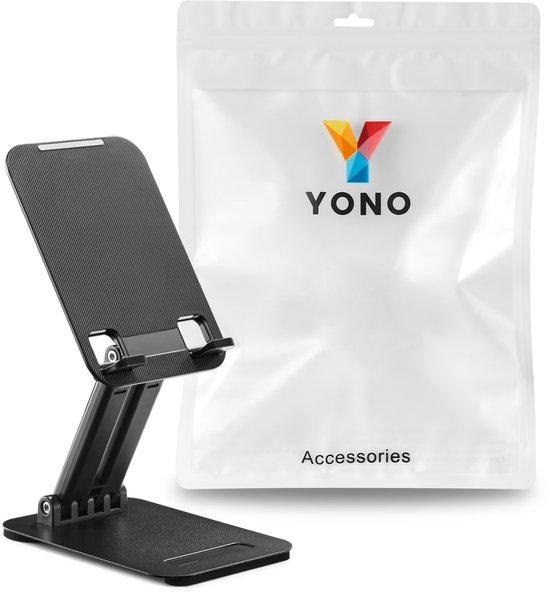Zwarte, inklapbare tabletstandaard naast een YONO verpakking.