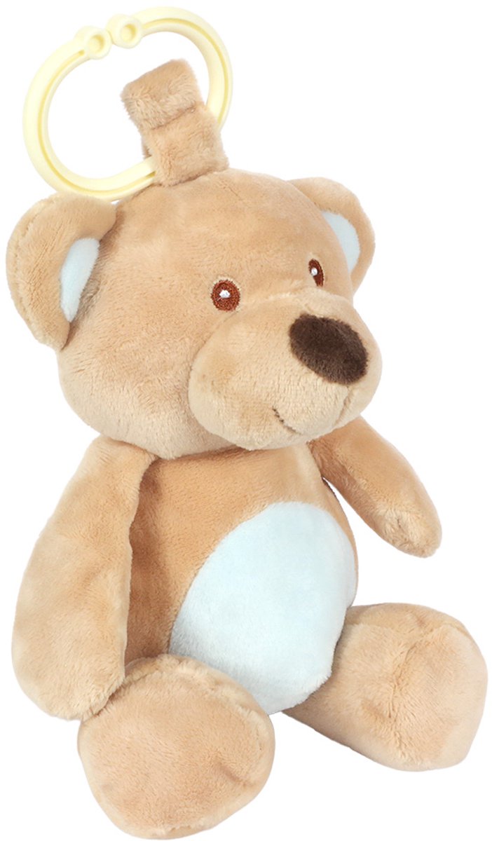 PIA Soft Toys - Pluche Knuffeldier Beer - babyblauwe buik - rammelaar - 25 cm - ophangring