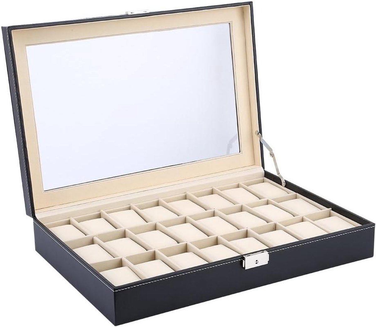Allecto plus - Luxe horlogedoos voor 24 horloges met glazen deksel - Sieraden opbergdoos - Horlogekoffer met slot - Horlogekussen - 43 x 29 x 8,5 cm