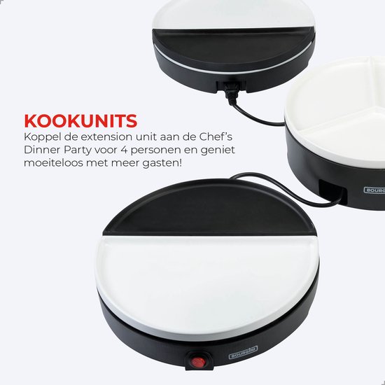 Twee kookunits, zwart met witte borden, met elkaar verbonden.