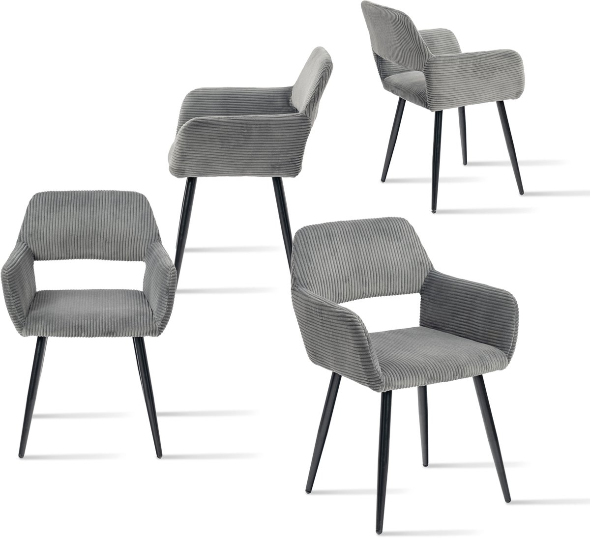 MEUBLE COSY Meubles Cosy Set van 4 eetkamerstoelen - met armleuningen Corduroy zitting – Donkergrijs