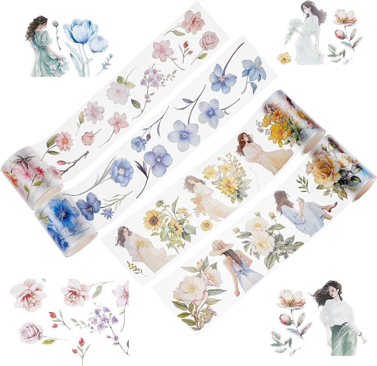 Allecto plus - Washi tape set 4 rollen bloemenvorm stickers scrapbooking lint bloemen design