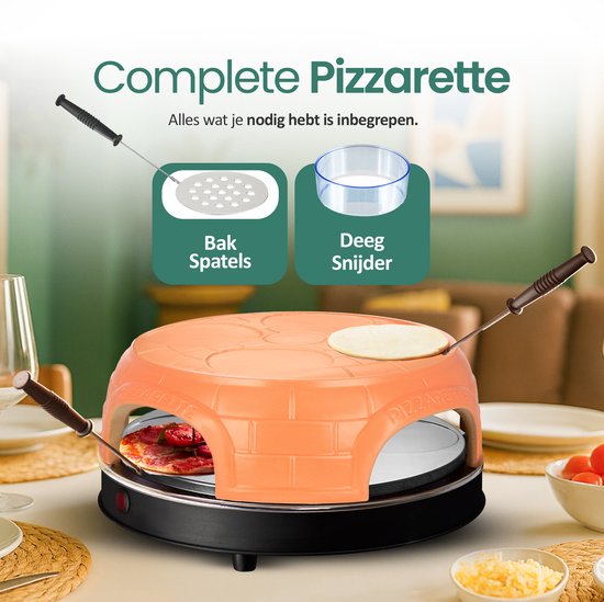 Oranje pizza gourmetset met twee bakende pizza's en de tekst 'Complete Pizzarette'.