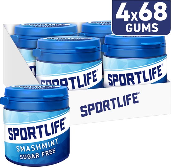 Verpakking met vier potten Sportlife Smashmint suikervrije kauwgom, met de tekst '4x68 GUMS'.