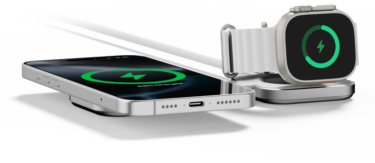 Linq Connects LINQ 15W Opvouwbare Draadloze Oplader 2-in-1 - Geschikt voor iPhone, AirPods & Apple Watch - Stijlvol Ontwerp - Snelladen - Grijs