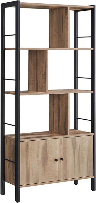 Boekenkast Opbergkast Grote boekenkast met deuren 6 open opbergvakken en 2 deuren Stevig metalen frame Industrieel design Geschikt voor woonkamer en kantoor 74 x 30 x 154,5 cm naturel en zwart