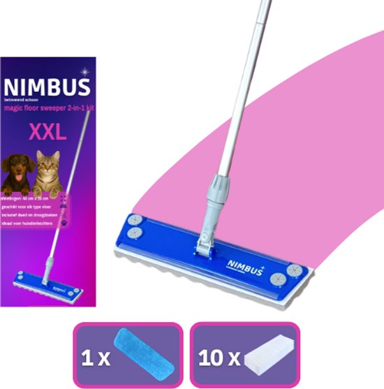 Nimbus vloerwisser 2-in-1 kit XXL met een blauwe kop, een natte dweil en 10 droge vloerdoekjes. Voor honden- en kattenbezitters.