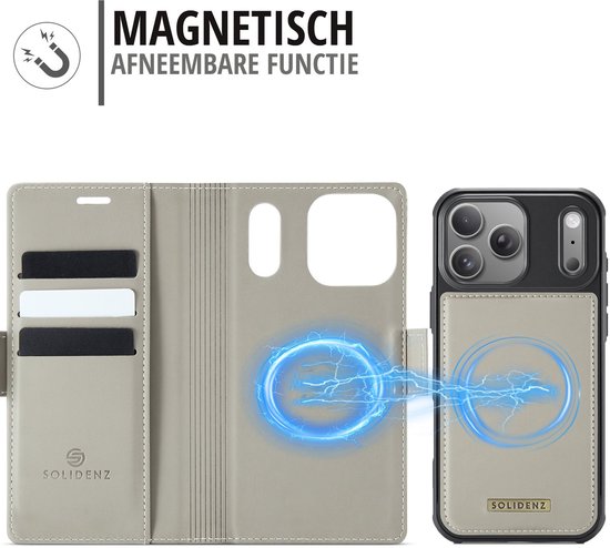 Lichtgrijze lederen pasjeshouder met kaartsleuven en afneembaar magnetisch hoesje. Blauwe magnetische pulsen getoond.