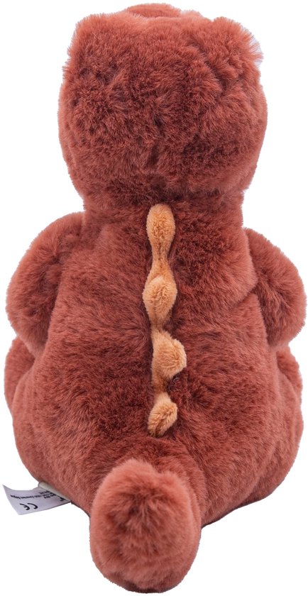 Roodbruine dinosaurus knuffel van achteren gezien, met rugkam en staart.