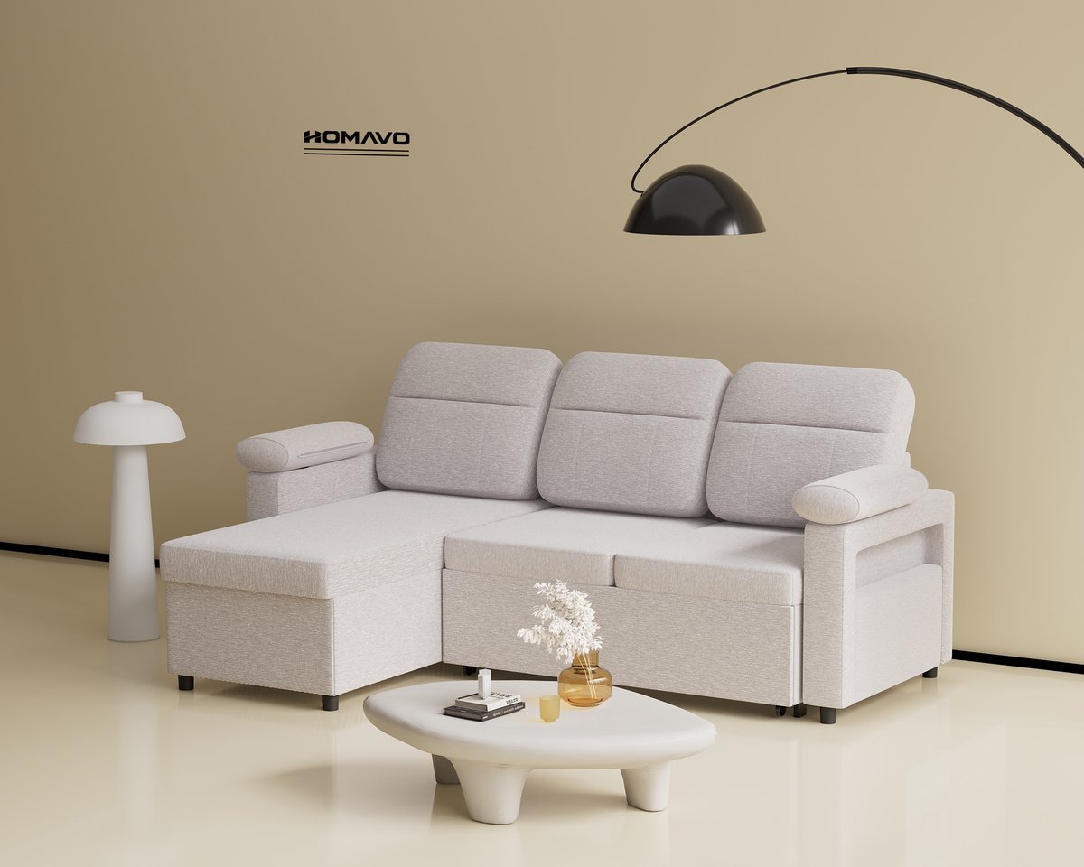 HOMAVO L-vormige Hoekbank - Omkeerbare Longchair - Uitschuifbaar Bed - Opbergruimte - Stoffen Bekleding