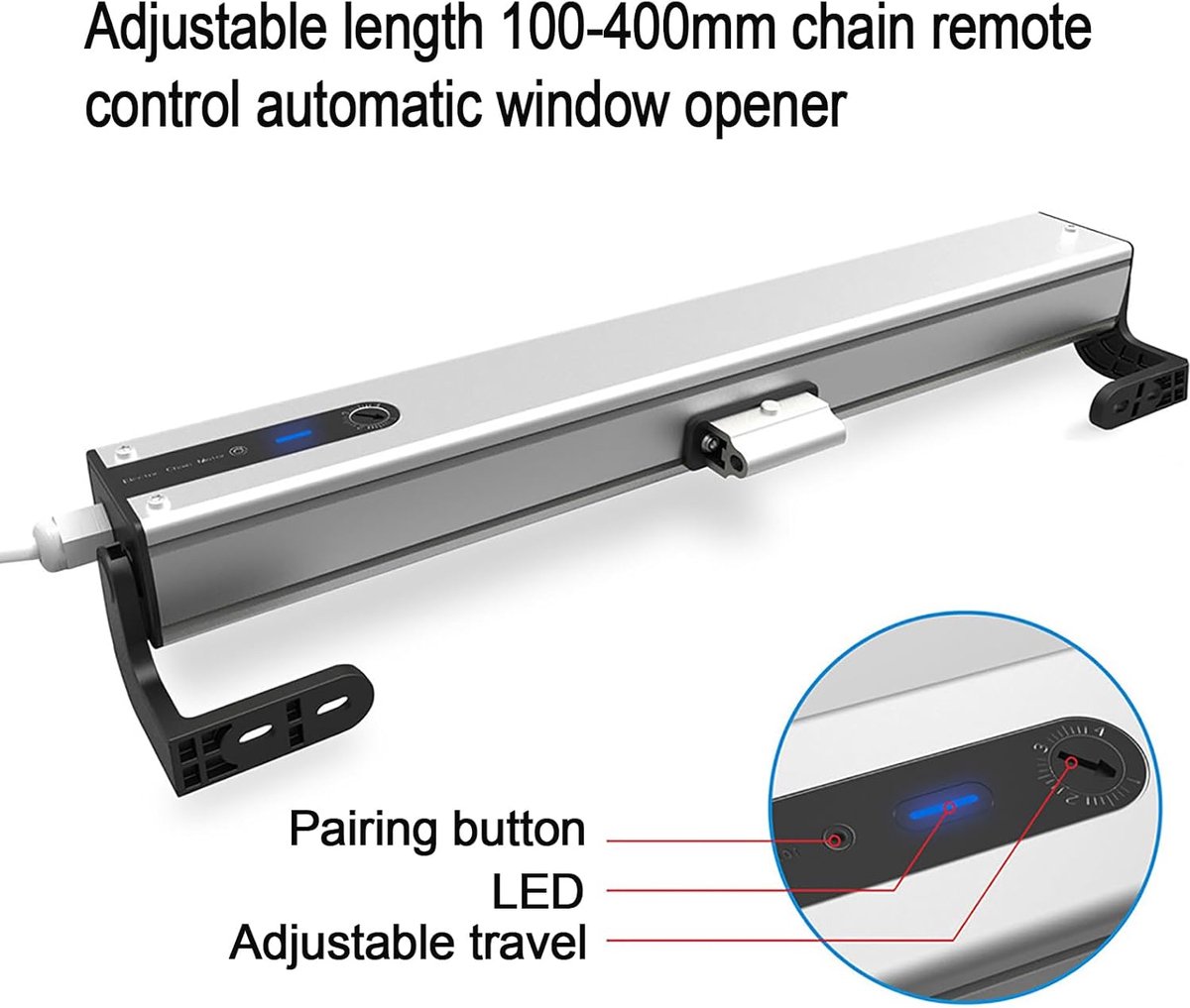 Automatische raamopener, elektrische raamopener actuator met wandschakelaar en afstandsbediening, max 400N, gemotoriseerde ketting raamopener voor dakramen dakventilatie (maat: 600 mm controller