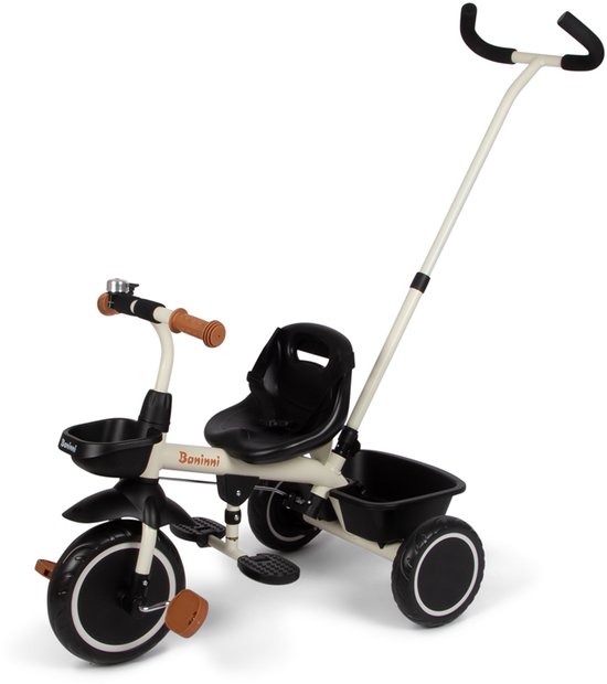 Beige driewieler met zwarte zitting, mandjes en duwstang. De 'Baninni'-merknaam is zichtbaar.