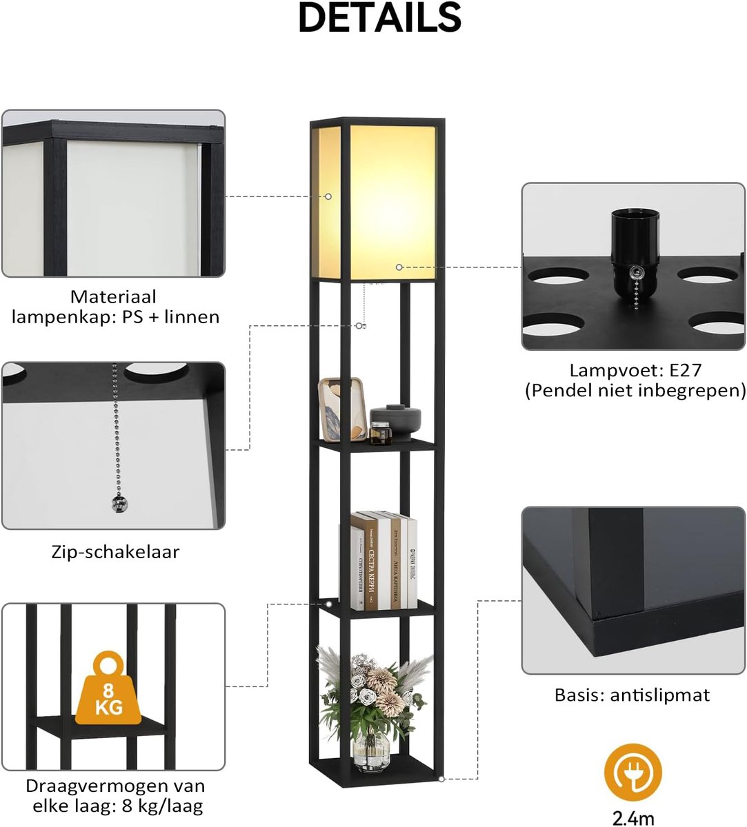Puluomis- Vloerlamp - Staande lamp - Vloerlampen Woonkamer - Stalamp - Staande lampen woonkamer - Modern - 3-laags opbergrek - 160H x 26L x 26B cm - Zwart thumbnail 2
