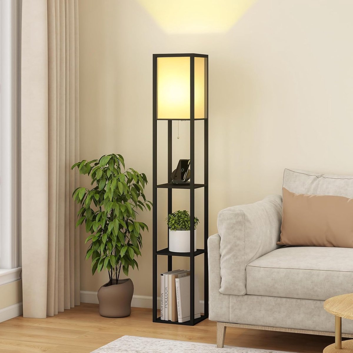 Puluomis- Vloerlamp - Staande lamp - Vloerlampen Woonkamer - Stalamp - Staande lampen woonkamer - Modern - 3-laags opbergrek - 160H x 26L x 26B cm - Zwart thumbnail 4