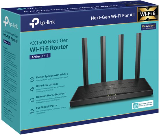Verpakking van de TP-Link Archer AX18 WiFi 6 router. Afbeelding van de router en tekst over functies.