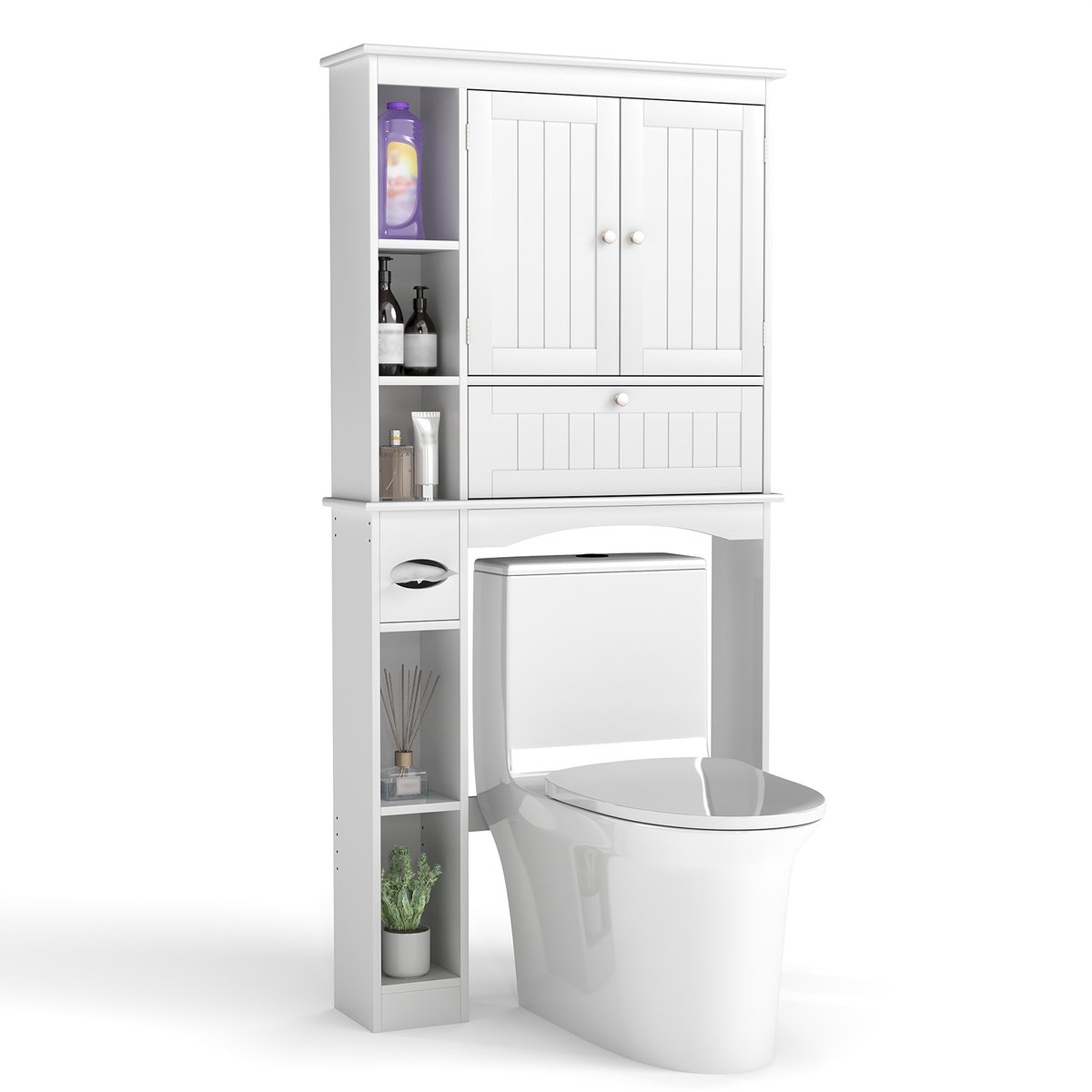 COSTWAY Toiletkast met 3 deuren en verstelbare planken, toiletrek hout, badkamerkast, vrijstaand, bovenbouwkast, wasmachinerek, wit, 80 x 21 x 165 cm