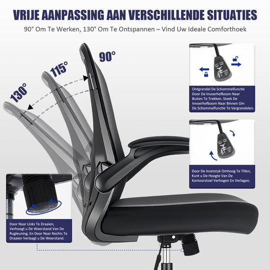 Durrafy Bureaustoel - Ergonomische Bureaustoel - Bureaustoelen voor Volwassenen - Office Chair - met Lendensteun & 90° Opklapbare Armleuningen | Verdikt en Verbreed Zitkussen | Hoogteverstelling - Stoel Tot 150kg - Zwart