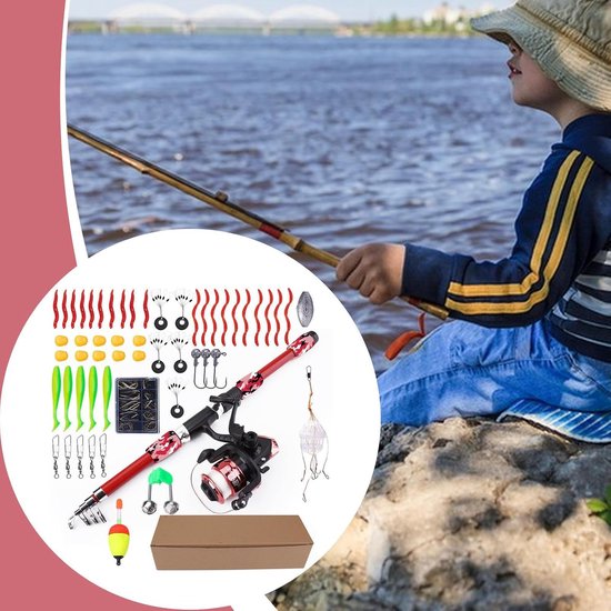 Hengelset - Vishengel set voor kinder - complete visset - 1.8m telescopisch - 2025 nieuwe camouflage rood- Inclusief 55 Visaccessoires-Geschikt voor zowel beginnende als enthousiaste vissers van Amito. — afbeelding 2